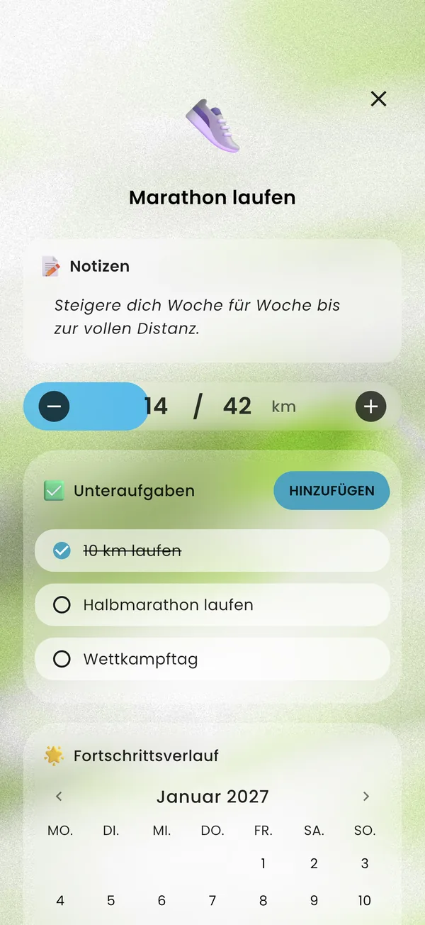 Ein Marathon-Ziel mit Unteraufgaben, 14 von 42 km geschafft