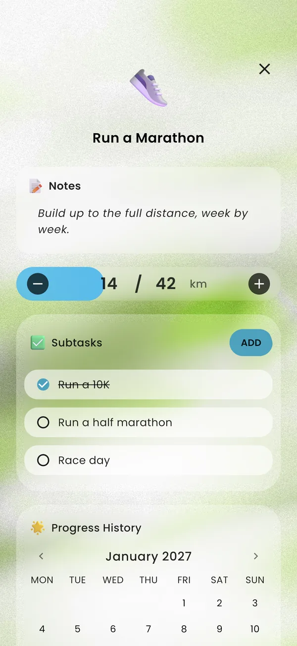 A marathon goal split into subtasks, with 14 of 42 km done
