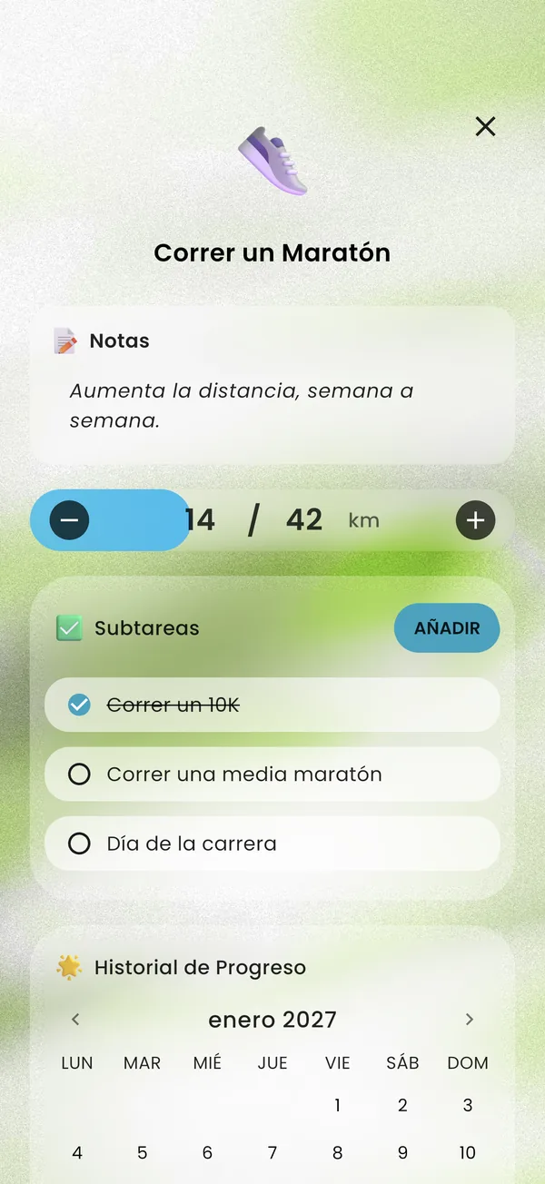 Una meta de maratón dividida en subtareas, con 14 de 42 km hechos
