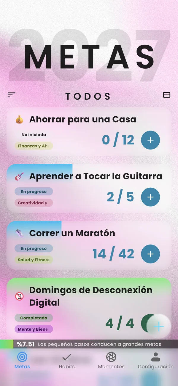 Pantalla de metas de Yearvana con el progreso de cada meta