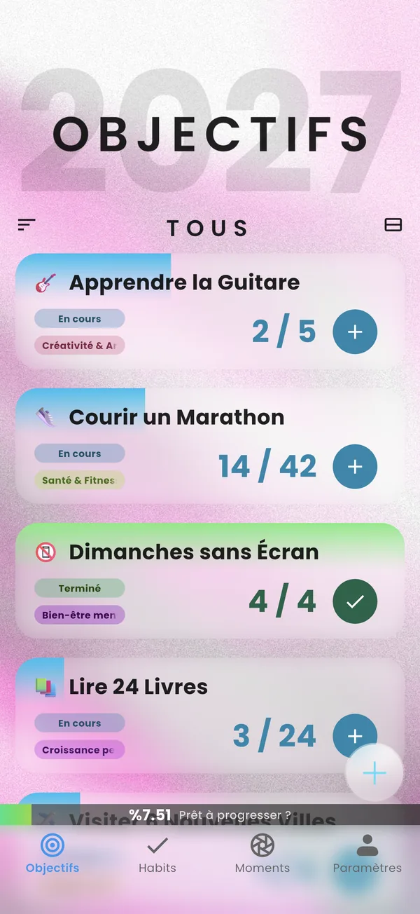 Écran des objectifs de Yearvana avec la progression de chaque objectif