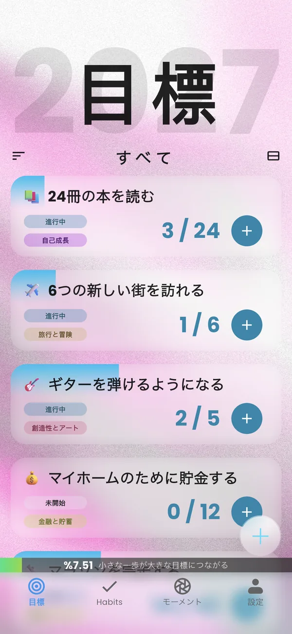 目標ごとの進捗が表示されたYearvanaの目標画面