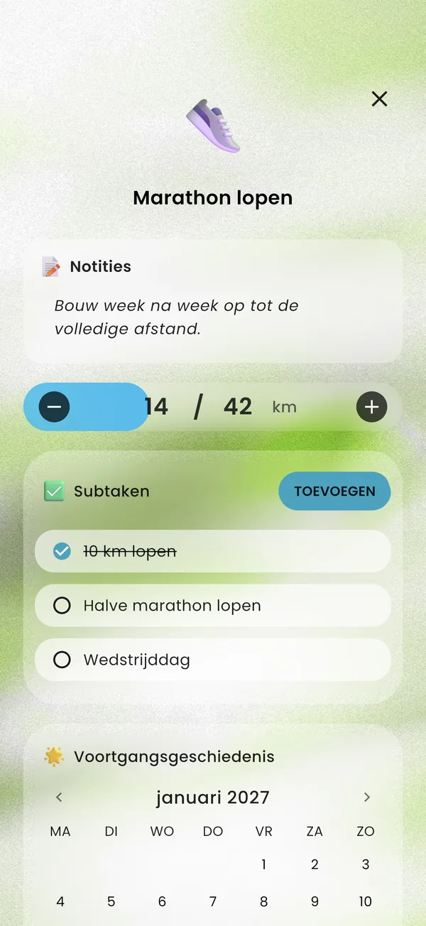 Een marathondoel opgedeeld in subtaken, met 14 van de 42 km gedaan