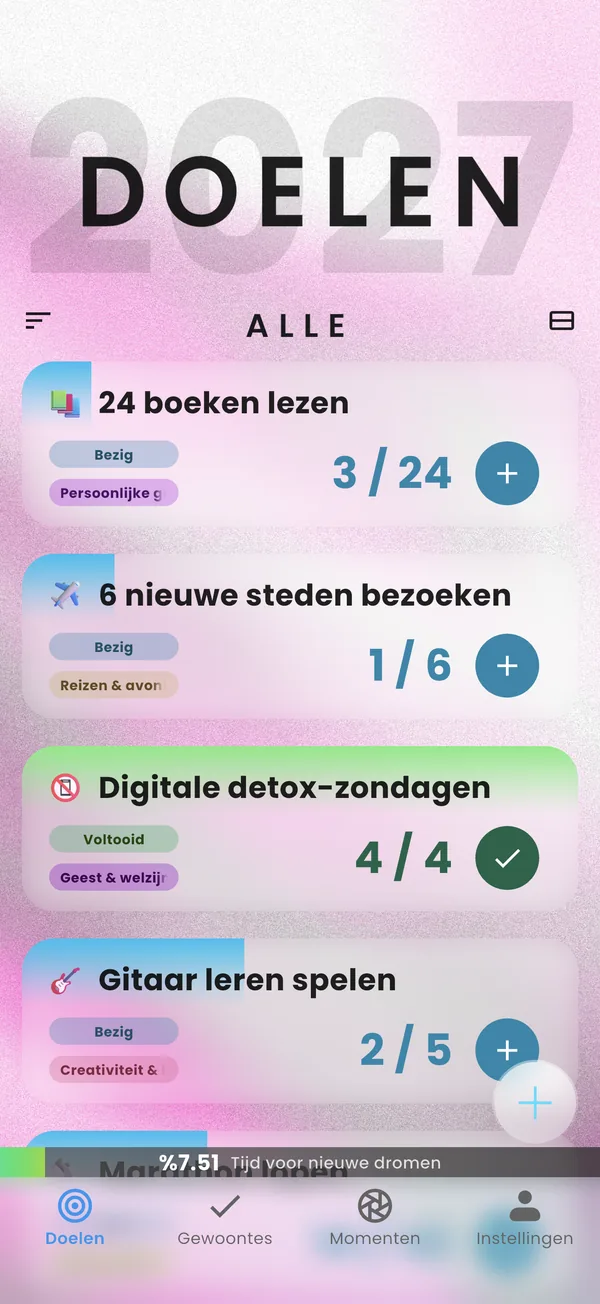 Doelenscherm van Yearvana met de voortgang van elk doel