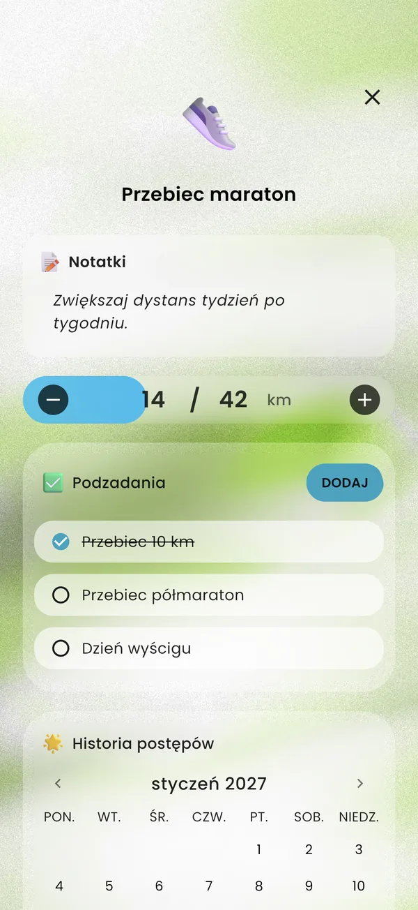 Cel maratoński podzielony na podzadania, z 14 z 42 km za sobą
