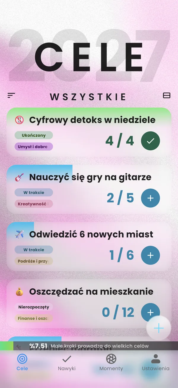 Ekran celów w Yearvana z postępem każdego celu
