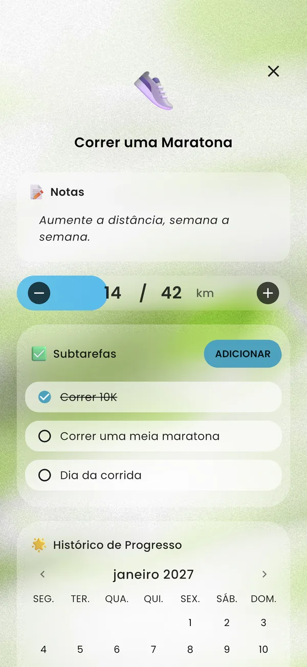 Uma meta de maratona dividida em subtarefas, com 14 de 42 km concluídos