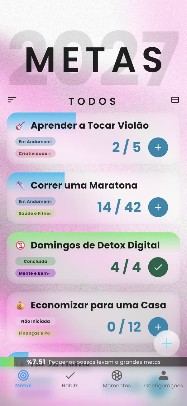 Tela de metas do Yearvana com o progresso de cada meta