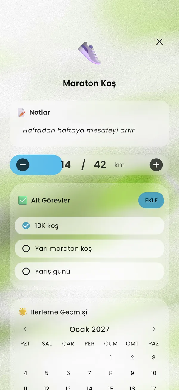 Alt görevlere bölünmüş, 42 km'nin 14'ü tamamlanmış bir maraton hedefi
