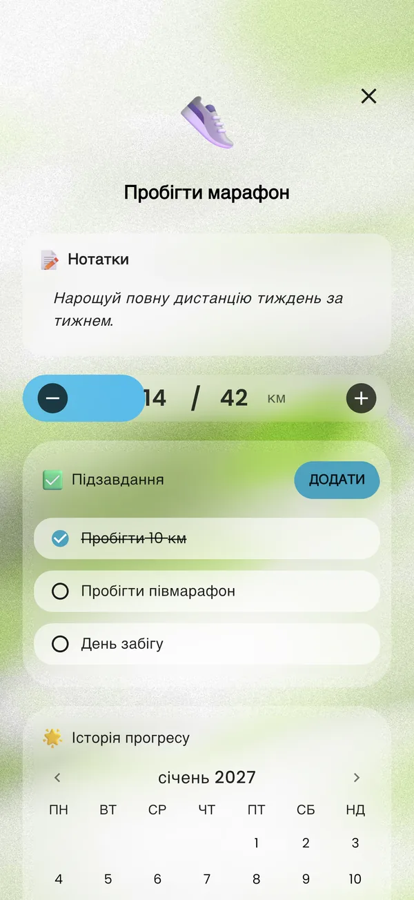 Ціль «марафон», розбита на підзавдання: пройдено 14 із 42 км