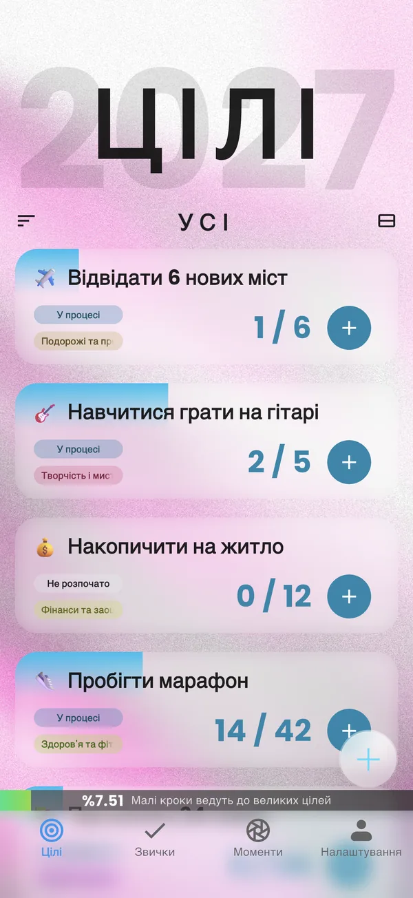 Екран цілей Yearvana з прогресом кожної цілі