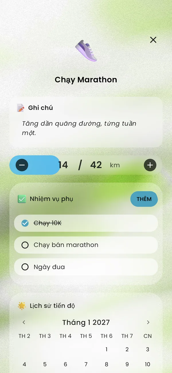 Mục tiêu marathon chia thành nhiệm vụ phụ, đã xong 14 trên 42 km