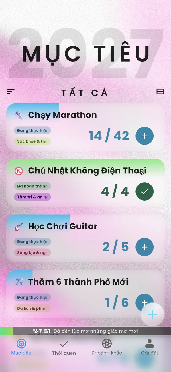 Màn hình mục tiêu của Yearvana hiển thị tiến độ từng mục tiêu